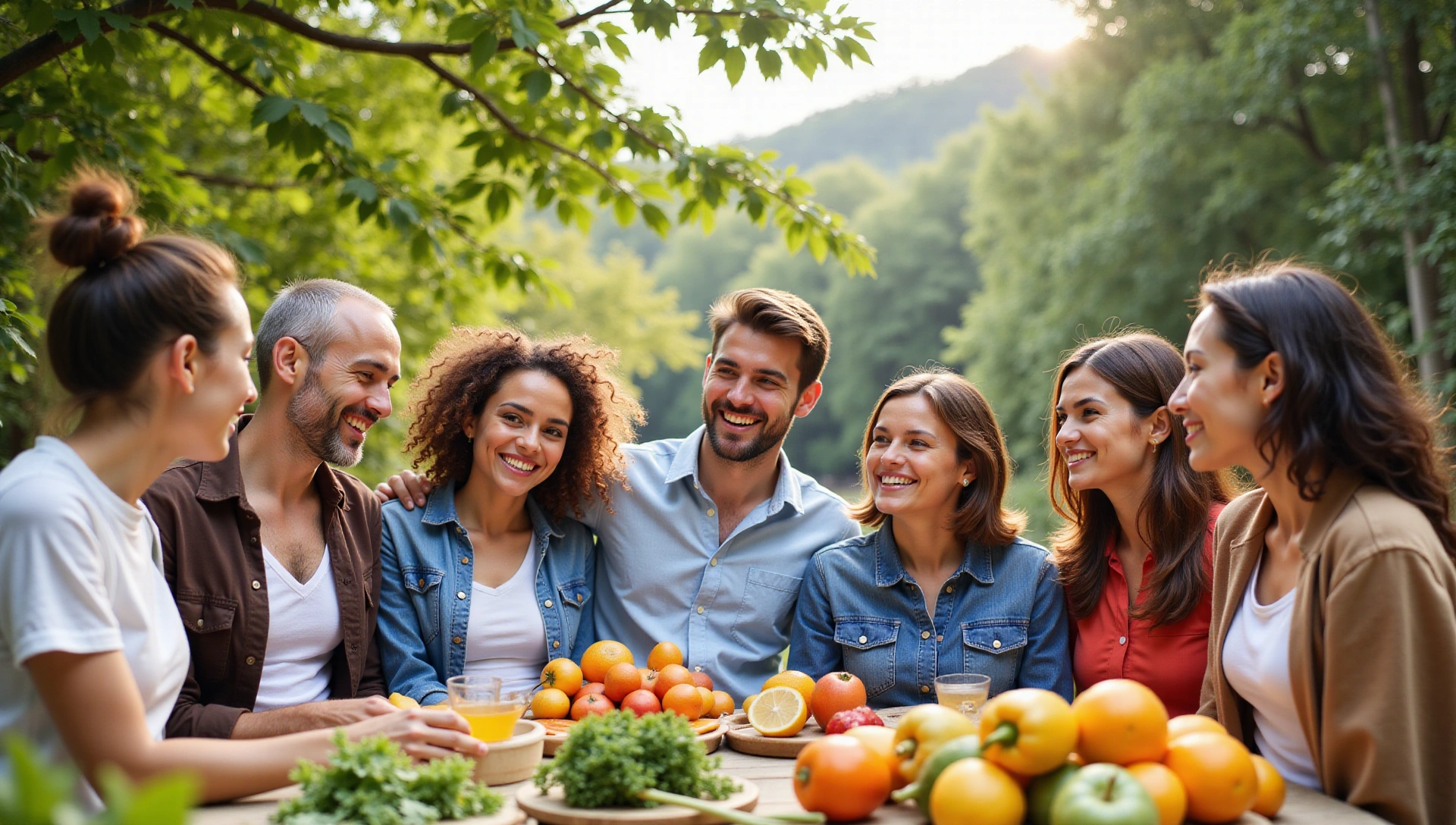 Ευτυχισμένοι, υγιείς άνθρωποι, φρέσκα προϊόντα και φύση