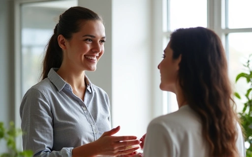 Δύο άτομα συζητούν με χαμόγελο σε ένα φιλικό, επαγγελματικό περιβάλλον